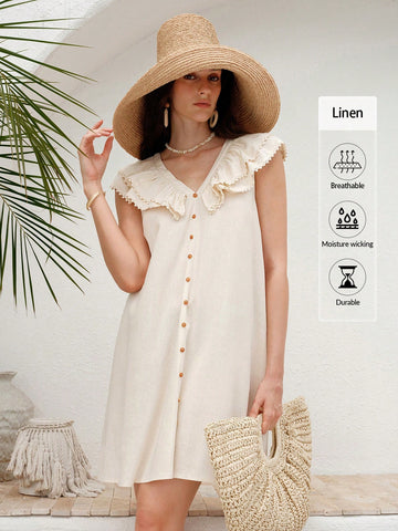 Uhlyne Women's Fashion Woven Linen Dress With Flutter Sleeves, Ruffled Trim, V-Neck Buttons Decor, Fitted A-Line Casual Resort Dress Uhlyne Women's Fashion Woven Linen Dress With Flutter Sleeves, Ruffled Trim, V-Neck Buttons Decor, Fitted A-Line Casual Resort Dress