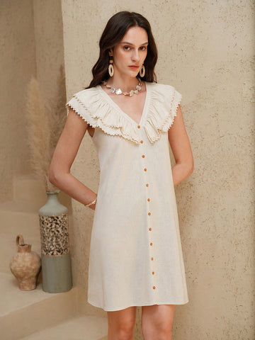Uhlyne Women's Fashion Woven Linen Dress With Flutter Sleeves, Ruffled Trim, V-Neck Buttons Decor, Fitted A-Line Casual Resort Dress Uhlyne Women's Fashion Woven Linen Dress With Flutter Sleeves, Ruffled Trim, V-Neck Buttons Decor, Fitted A-Line Casual Resort Dress