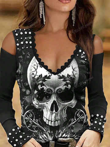 Open Shoulder Halloween Skeleton Print Long Sleeve T-Shirt Open Shoulder Halloween Skeleton Print Long Sleeve T-Shirt