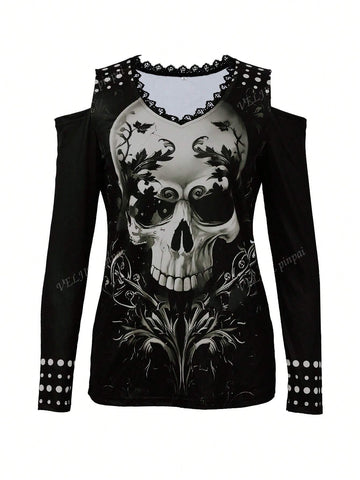 Open Shoulder Halloween Skeleton Print Long Sleeve T-Shirt Open Shoulder Halloween Skeleton Print Long Sleeve T-Shirt