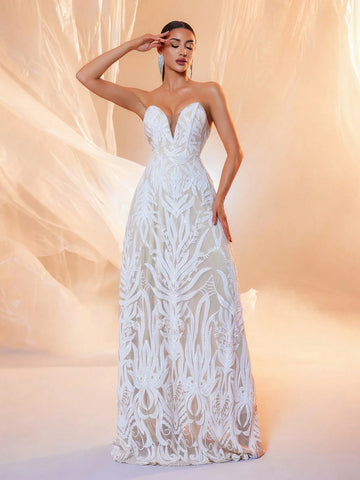 V-Neck Sleeveless Sequin Decorated Floor-Length Wedding Dress, (Front Bodice, Randomly Patterned Back) V-Neck Sleeveless Sequin Decorated Floor-Length Wedding Dress, (Front Bodice, Randomly Patterned Back)