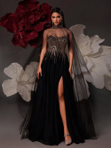 VIPGIRL Elegant Black Mesh Lady Evening Party Formal Dress VIPGIRL Elegant Black Mesh Lady Evening Party Formal Dress