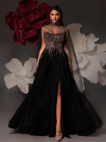 VIPGIRL Elegant Black Mesh Lady Evening Party Formal Dress VIPGIRL Elegant Black Mesh Lady Evening Party Formal Dress