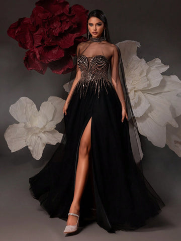 VIPGIRL Elegant Black Mesh Lady Evening Party Formal Dress VIPGIRL Elegant Black Mesh Lady Evening Party Formal Dress