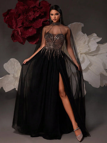 VIPGIRL Elegant Black Mesh Lady Evening Party Formal Dress VIPGIRL Elegant Black Mesh Lady Evening Party Formal Dress