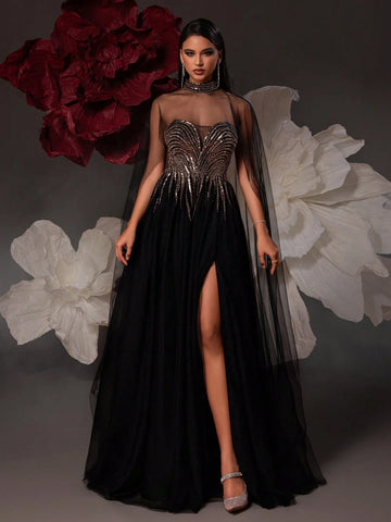 VIPGIRL Elegant Black Mesh Lady Evening Party Formal Dress VIPGIRL Elegant Black Mesh Lady Evening Party Formal Dress