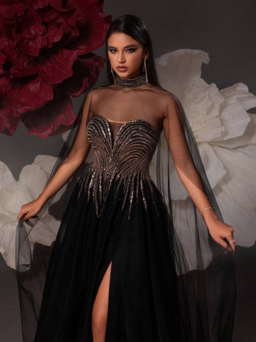 VIPGIRL Elegant Black Mesh Lady Evening Party Formal Dress VIPGIRL Elegant Black Mesh Lady Evening Party Formal Dress