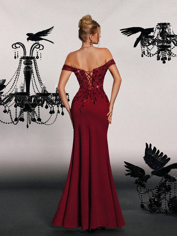 VIPGIRL Off-The-Shoulder Beaded Sheath Evening Dress With Cap Sleeves And High Slit For Women Formal & Evening Dresses Elegant Prom Wedding Guest Gown, For Graduation, Dinner VIPGIRL Off-The-Shoulder Beaded Sheath Evening Dress With Cap Sleeves And High Slit For Women Formal & Evening Dresses Elegant Prom Wedding Guest Gown, For Graduation, Dinner
