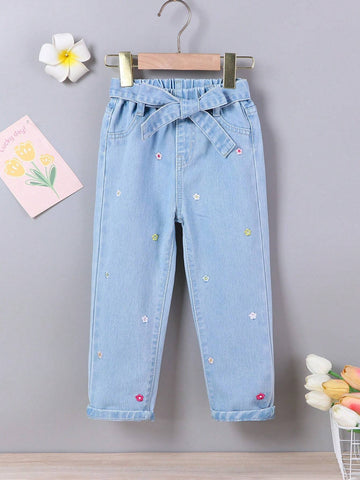 Vacation Style Cute And Casual Loose Fit Colorful Flower Embroidery Young Girls' Belted Tapered Jeans Vacation Style Cute And Casual Loose Fit Colorful Flower Embroidery Young Girls' Belted Tapered Jeans