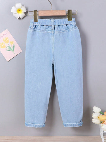 Vacation Style Cute And Casual Loose Fit Colorful Flower Embroidery Young Girls' Belted Tapered Jeans Vacation Style Cute And Casual Loose Fit Colorful Flower Embroidery Young Girls' Belted Tapered Jeans