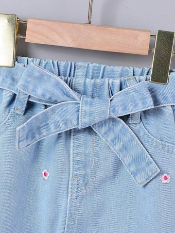 Vacation Style Cute And Casual Loose Fit Colorful Flower Embroidery Young Girls' Belted Tapered Jeans Vacation Style Cute And Casual Loose Fit Colorful Flower Embroidery Young Girls' Belted Tapered Jeans