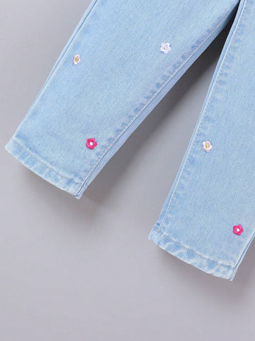 Vacation Style Cute And Casual Loose Fit Colorful Flower Embroidery Young Girls' Belted Tapered Jeans Vacation Style Cute And Casual Loose Fit Colorful Flower Embroidery Young Girls' Belted Tapered Jeans