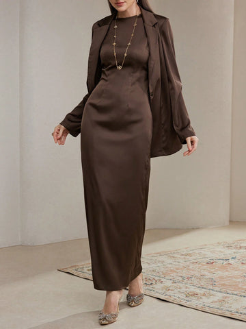 Veilorie 2pcs/Set Women Plain Long Sleeve Band Collar Simple Jacket And Dress Outfit Veilorie 2pcs/Set Women Plain Long Sleeve Band Collar Simple Jacket And Dress Outfit