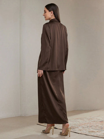 Veilorie 2pcs/Set Women Plain Long Sleeve Band Collar Simple Jacket And Dress Outfit Veilorie 2pcs/Set Women Plain Long Sleeve Band Collar Simple Jacket And Dress Outfit