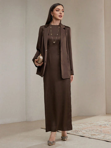 Veilorie 2pcs/Set Women Plain Long Sleeve Band Collar Simple Jacket And Dress Outfit Veilorie 2pcs/Set Women Plain Long Sleeve Band Collar Simple Jacket And Dress Outfit