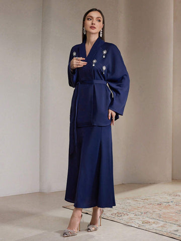 Veilorie 2pcs/Set Women Rhinestone Decor Long Sleeve Minimalist Top And Long Pants Outfit Veilorie 2pcs/Set Women Rhinestone Decor Long Sleeve Minimalist Top And Long Pants Outfit