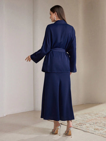 Veilorie 2pcs/Set Women Rhinestone Decor Long Sleeve Minimalist Top And Long Pants Outfit Veilorie 2pcs/Set Women Rhinestone Decor Long Sleeve Minimalist Top And Long Pants Outfit