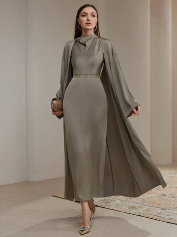 Veilorie Women's Autumn Solid Color Drop Shoulder Long Sleeve Maxi Cardigan And Turtleneck Long Dress Elegant 2 Piece Set Veilorie Women's Autumn Solid Color Drop Shoulder Long Sleeve Maxi Cardigan And Turtleneck Long Dress Elegant 2 Piece Set