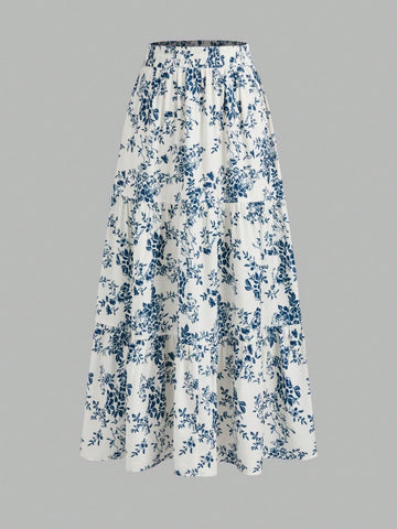 Vintage Floral Print Elastic Waist Ruffle Hem A-Line Skirt Vintage Floral Print Elastic Waist Ruffle Hem A-Line Skirt