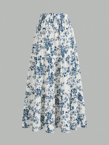 Vintage Floral Print Elastic Waist Ruffle Hem A-Line Skirt Vintage Floral Print Elastic Waist Ruffle Hem A-Line Skirt