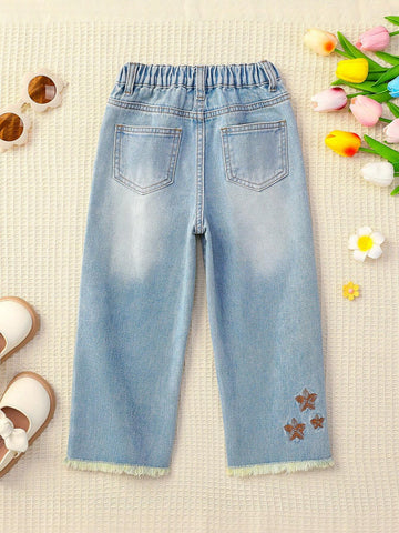 Vintage Washed Loose Straight-Leg Jeans For Girls With Lovely Heart, Flower And Butterfly Embroidery, Fraying Edges And Design Sense Vintage Washed Loose Straight-Leg Jeans For Girls With Lovely Heart, Flower And Butterfly Embroidery, Fraying Edges And Design Sense