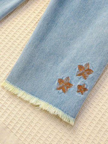 Vintage Washed Loose Straight-Leg Jeans For Girls With Lovely Heart, Flower And Butterfly Embroidery, Fraying Edges And Design Sense Vintage Washed Loose Straight-Leg Jeans For Girls With Lovely Heart, Flower And Butterfly Embroidery, Fraying Edges And Design Sense