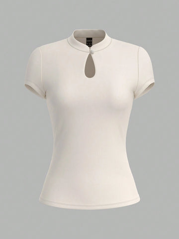 Vintage Elegant Women's T-Shirt, Spring/Summer Slim-Fit Knitted Keyhole Hollow Out Small Vintage Elegant Women's T-Shirt, Spring/Summer Slim-Fit Knitted Keyhole Hollow Out Small