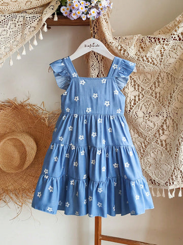 Young Girl Summer Floral Print Square Collar Cap Sleeve Cute Dress Young Girl Summer Floral Print Square Collar Cap Sleeve Cute Dress