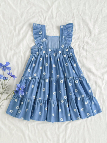 Young Girl Summer Floral Print Square Collar Cap Sleeve Cute Dress Young Girl Summer Floral Print Square Collar Cap Sleeve Cute Dress