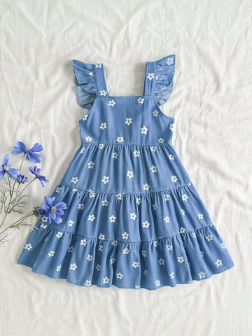Young Girl Summer Floral Print Square Collar Cap Sleeve Cute Dress Young Girl Summer Floral Print Square Collar Cap Sleeve Cute Dress