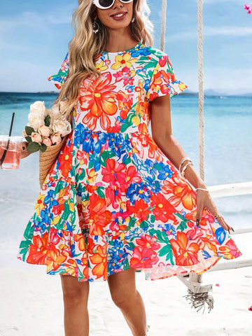 Vivid Eden Woven Print Round Neck Short Sleeve Loose Ruffled Hem Women's Mini Dress Vivid Eden Woven Print Round Neck Short Sleeve Loose Ruffled Hem Women's Mini Dress