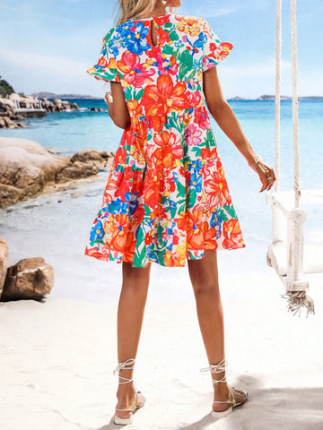 Vivid Eden Woven Print Round Neck Short Sleeve Loose Ruffled Hem Women's Mini Dress Vivid Eden Woven Print Round Neck Short Sleeve Loose Ruffled Hem Women's Mini Dress