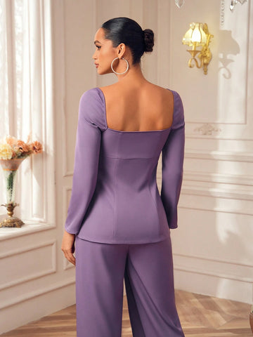 Designer Purple Zipper Long Sleeve Pocket Elegant Blouse Designer Purple Zipper Long Sleeve Pocket Elegant Blouse