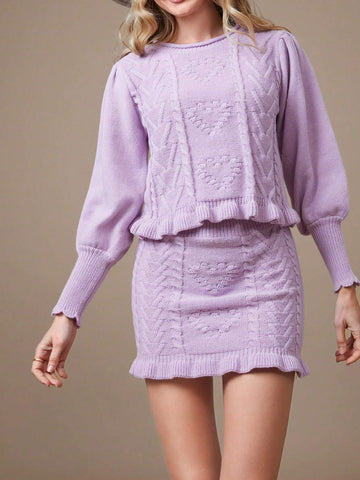 WESTFADE Cute Mixed Stitch Heart Knit Sweater Ruffle Hem Mini Skirt WESTFADE Cute Mixed Stitch Heart Knit Sweater Ruffle Hem Mini Skirt