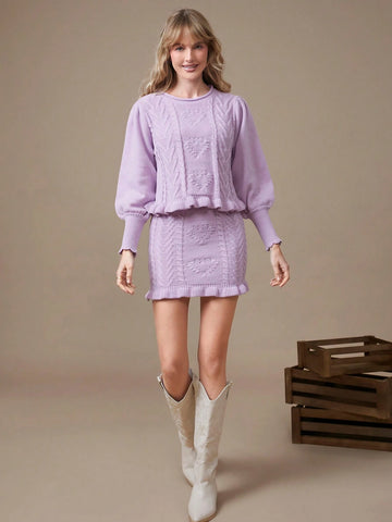 WESTFADE Cute Mixed Stitch Heart Knit Sweater Ruffle Hem Mini Skirt WESTFADE Cute Mixed Stitch Heart Knit Sweater Ruffle Hem Mini Skirt