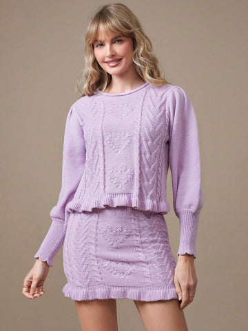 WESTFADE Cute Mixed Stitch Heart Knit Sweater Ruffle Hem Mini Skirt WESTFADE Cute Mixed Stitch Heart Knit Sweater Ruffle Hem Mini Skirt