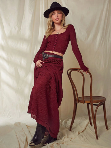 WESTFADE Valentine's Day Semi Sheer Lace Tiered Maxi Skirt WESTFADE Valentine's Day Semi Sheer Lace Tiered Maxi Skirt