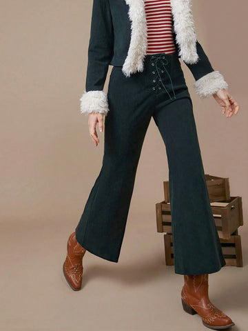 WESTFADE Women High-Rise Corduroy Western Lace-Up Flare Pants WESTFADE Women High-Rise Corduroy Western Lace-Up Flare Pants