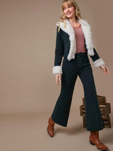 WESTFADE Women High-Rise Corduroy Western Lace-Up Flare Pants WESTFADE Women High-Rise Corduroy Western Lace-Up Flare Pants