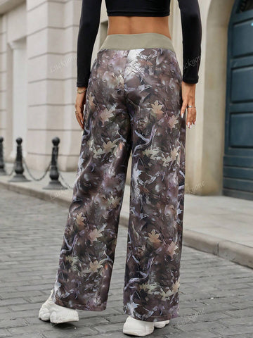 Waist Splicing Contrast Color Print Woven Wide Leg Pants For Women Waist Splicing Contrast Color Print Woven Wide Leg Pants For Women