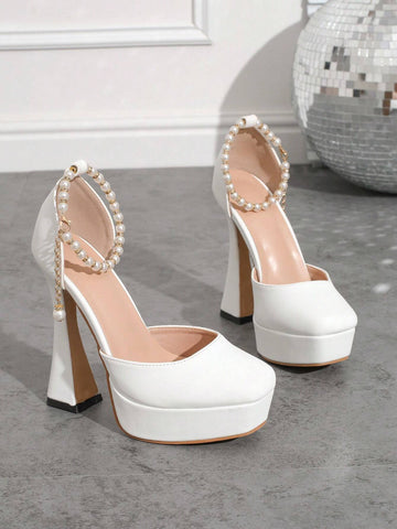 White High Heels Pumps Pearl Decor Peep Toe Versatile Women Shoes, Square Toe Chunky Heel White High Heels Pumps Pearl Decor Peep Toe Versatile Women Shoes, Square Toe Chunky Heel