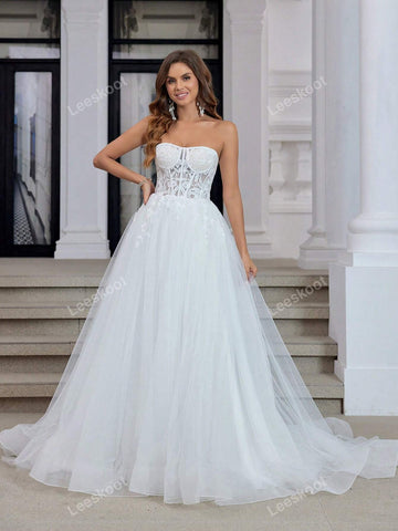 White Strapless Tulle Wedding Dresses Long Floral Lace Fishbone Bridal Gowns With Train A Line Corset Wedding Gown For Women White Strapless Tulle Wedding Dresses Long Floral Lace Fishbone Bridal Gowns With Train A Line Corset Wedding Gown For Women