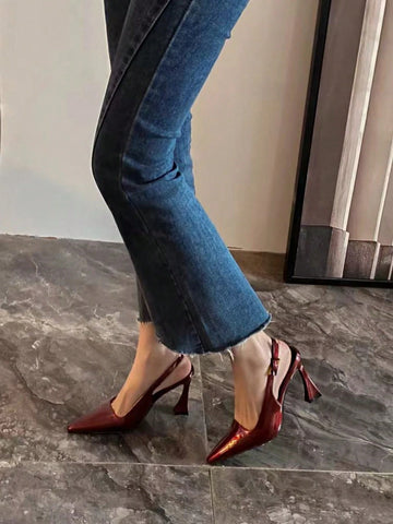 Wine Red Pointed Toe Chunky Heel Highly Stable Mules Sandals With Ankle Strap For Women, Fashion In 2025 Wine Red Pointed Toe Chunky Heel Highly Stable Mules Sandals With Ankle Strap For Women, Fashion In 2025