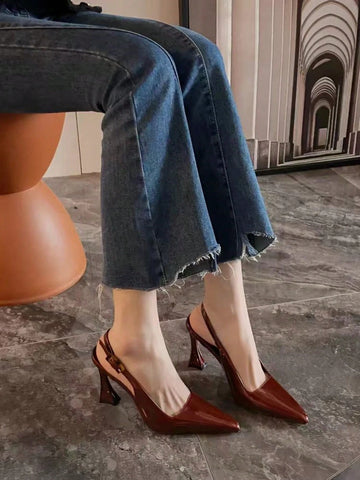 Wine Red Pointed Toe Chunky Heel Highly Stable Mules Sandals With Ankle Strap For Women, Fashion In 2025 Wine Red Pointed Toe Chunky Heel Highly Stable Mules Sandals With Ankle Strap For Women, Fashion In 2025