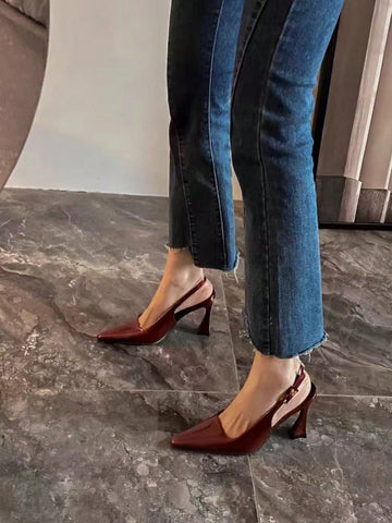 Wine Red Pointed Toe Chunky Heel Highly Stable Mules Sandals With Ankle Strap For Women, Fashion In 2025 Wine Red Pointed Toe Chunky Heel Highly Stable Mules Sandals With Ankle Strap For Women, Fashion In 2025