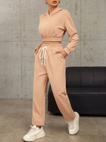 Women'S Cropped Hoodie And Drawstring Waist Joggers Set Women'S Cropped Hoodie And Drawstring Waist Joggers Set