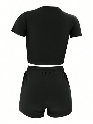 Women'S Stand Collar Cropped Top And Shorts Set With Slanted Pockets Women'S Stand Collar Cropped Top And Shorts Set With Slanted Pockets