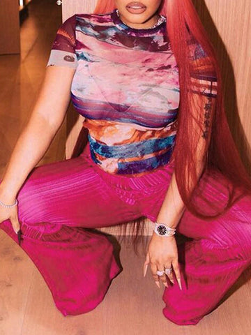 Women'S Street Tie-Dye Print Net Yarn Slim Fit Sexy Top And Loose Pants Set Women'S Street Tie-Dye Print Net Yarn Slim Fit Sexy Top And Loose Pants Set