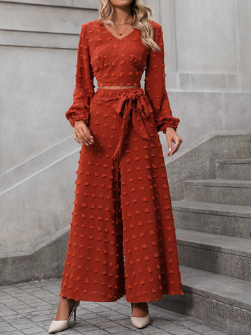 Women'S Two-Piece Cropped Lantern Sleeve Top And Wide-Leg Pants Set Women'S Two-Piece Cropped Lantern Sleeve Top And Wide-Leg Pants Set