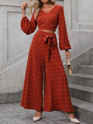 Women'S Two-Piece Cropped Lantern Sleeve Top And Wide-Leg Pants Set Women'S Two-Piece Cropped Lantern Sleeve Top And Wide-Leg Pants Set